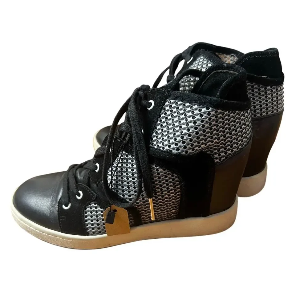 L.A.M.B. Black Leather Mesh Lace Up Wedge Sneakers Size 7